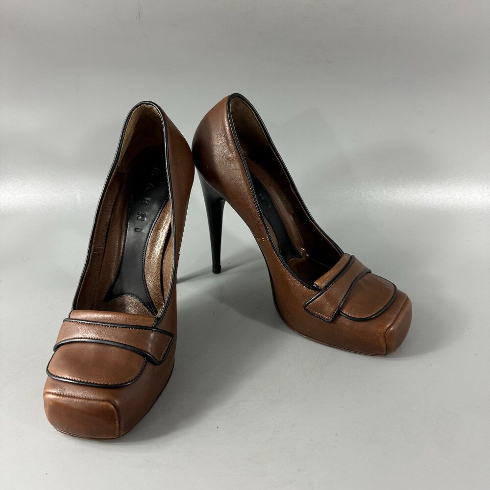 Authentic Marni Brown Leather Platform Square Toe… - image 1